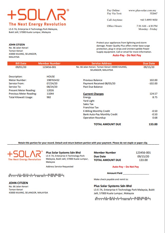 Malaysia Plus Solar Systems Sdn Bhd utility bill template in Word and PDF format